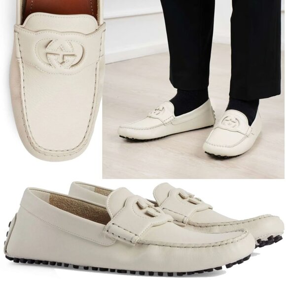 GUCCI SHOES MENS LOAFERS MOCCASINS G LOGO WHITE LEATHER sz 7.5G 8 - Picture 1 of 14